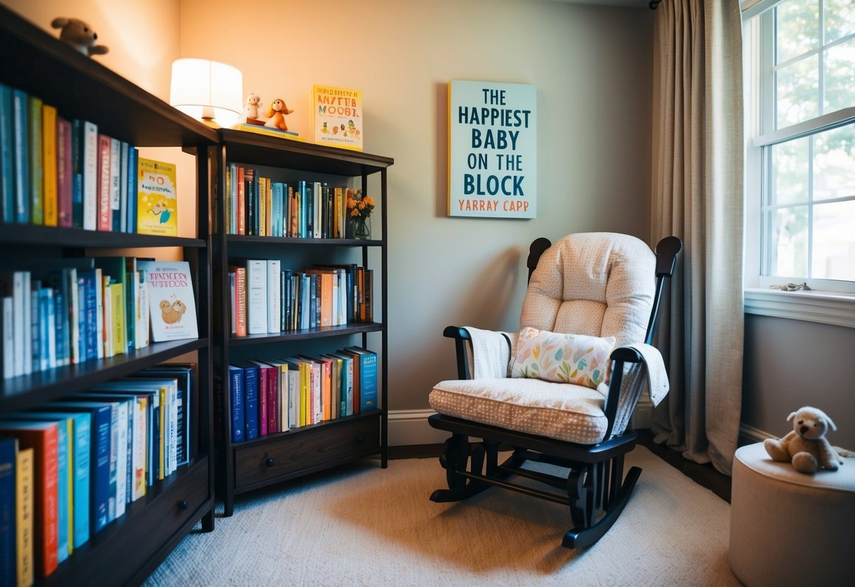 A cozy nursery with a bookshelf filled with parenting books, including "The Happiest Baby on the Block" by Harvey Karp. Soft lighting and a rocking chair create a warm and inviting atmosphere