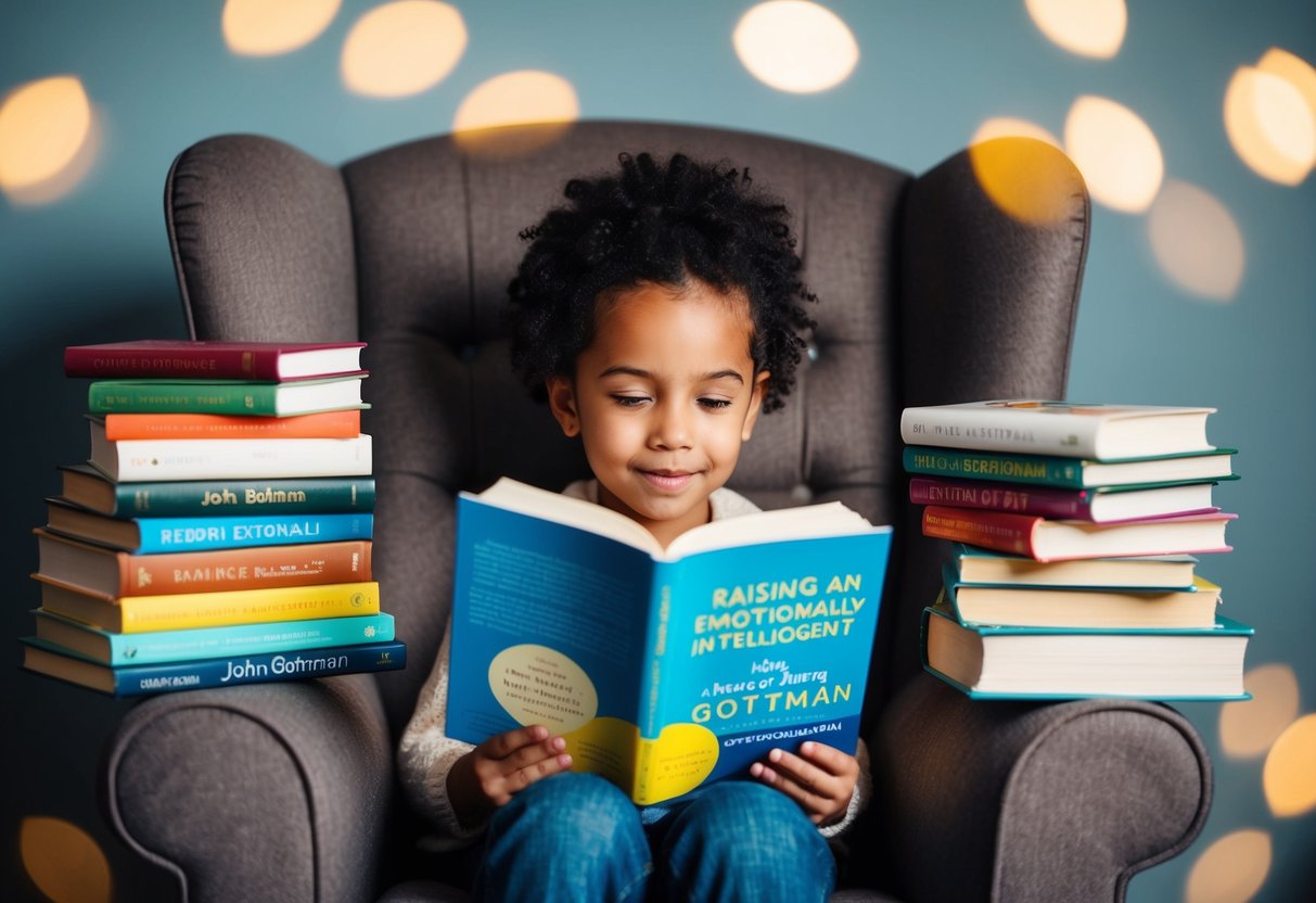 A child sitting in a cozy chair surrounded by a stack of books, with a thoughtful expression on their face as they flip through the pages of "Raising An Emotionally Intelligent Child" by John Gottman