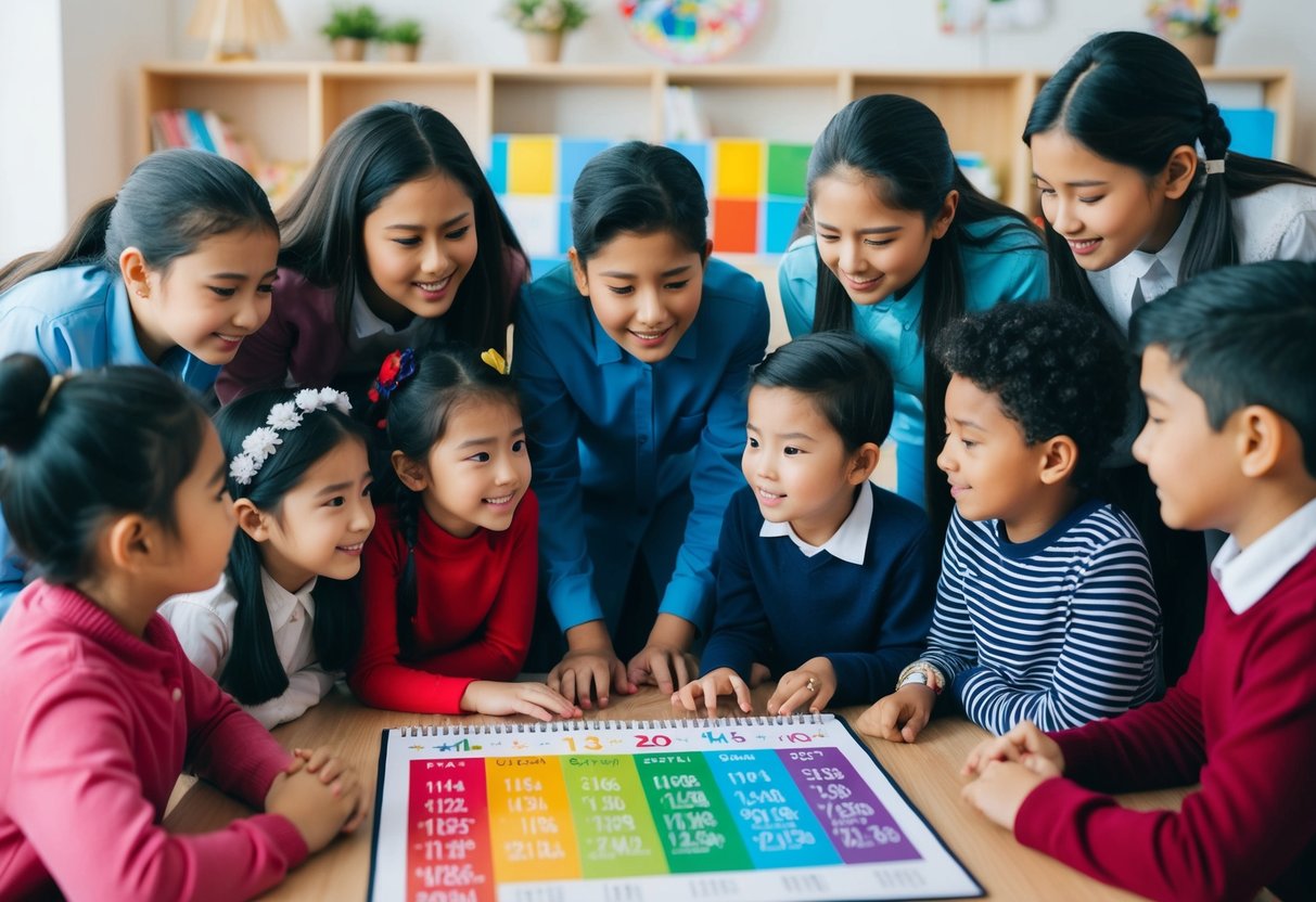 A group of children of various ethnicities and religious backgrounds gather around a colorful holiday calendar, listening attentively as a teacher explains the significance of different religious holidays