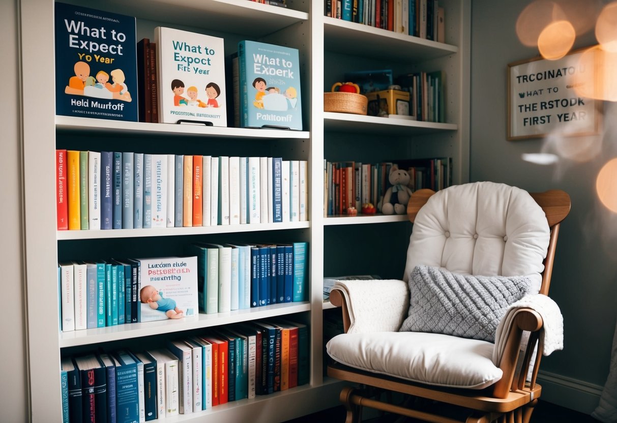 A cozy nursery with a bookshelf filled with parenting guides, including "What to Expect the First Year" by Heidi Murkoff. A soft rocking chair sits in the corner, ready for late-night feedings and storytime