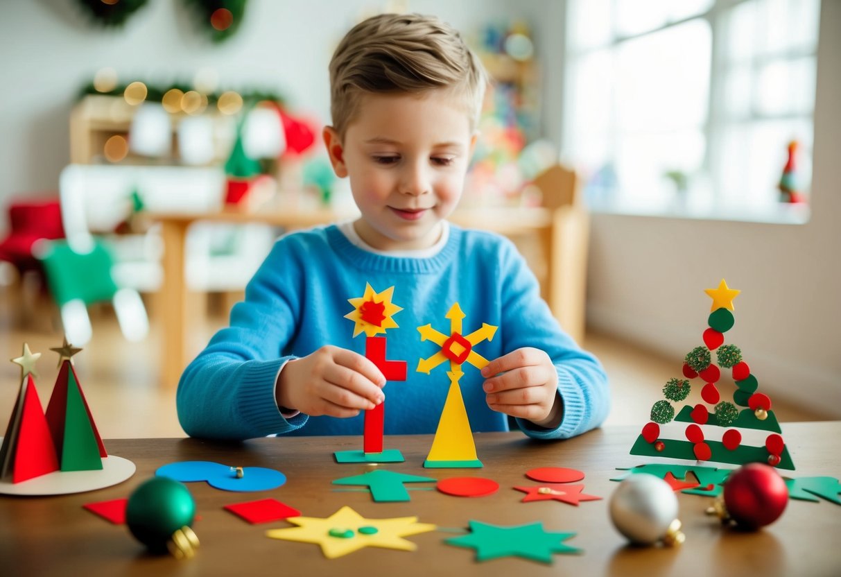 A child using various craft materials to create symbols representing different religious holidays