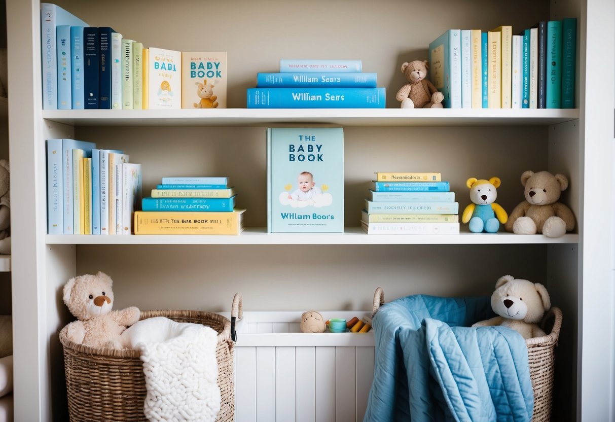 A cozy nursery with a shelf filled with baby books, including "The Baby Book" by William Sears, surrounded by soft blankets and toys