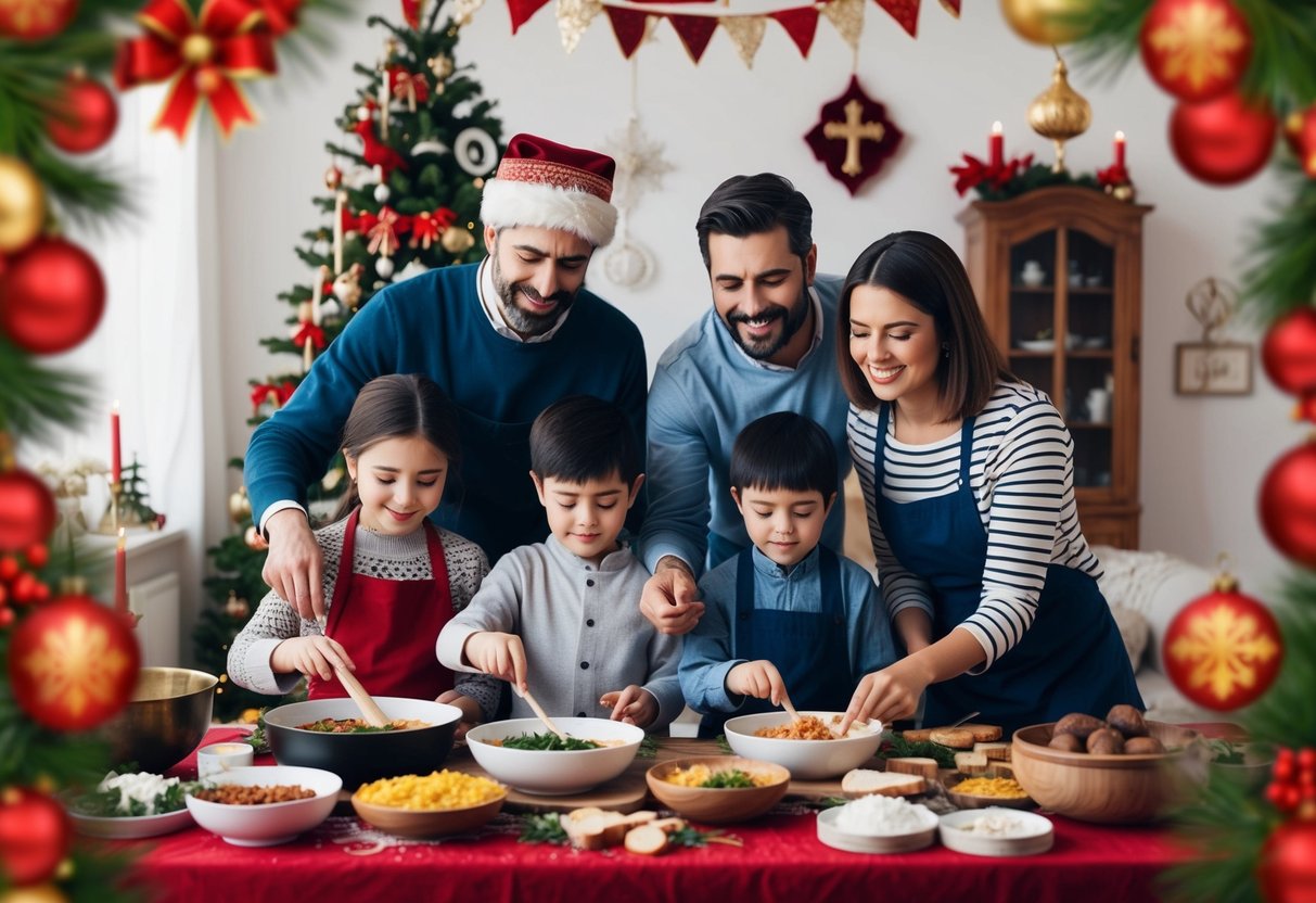 A family cooks traditional foods together, surrounded by festive decorations and symbols of their religious holiday