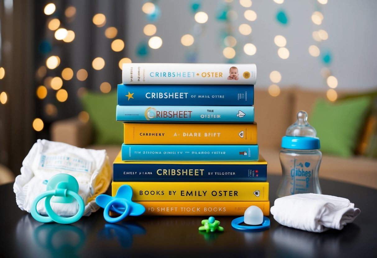 A stack of 7 books with "Cribsheet by Emily Oster" on top, surrounded by baby items like a pacifier, bottle, and diaper