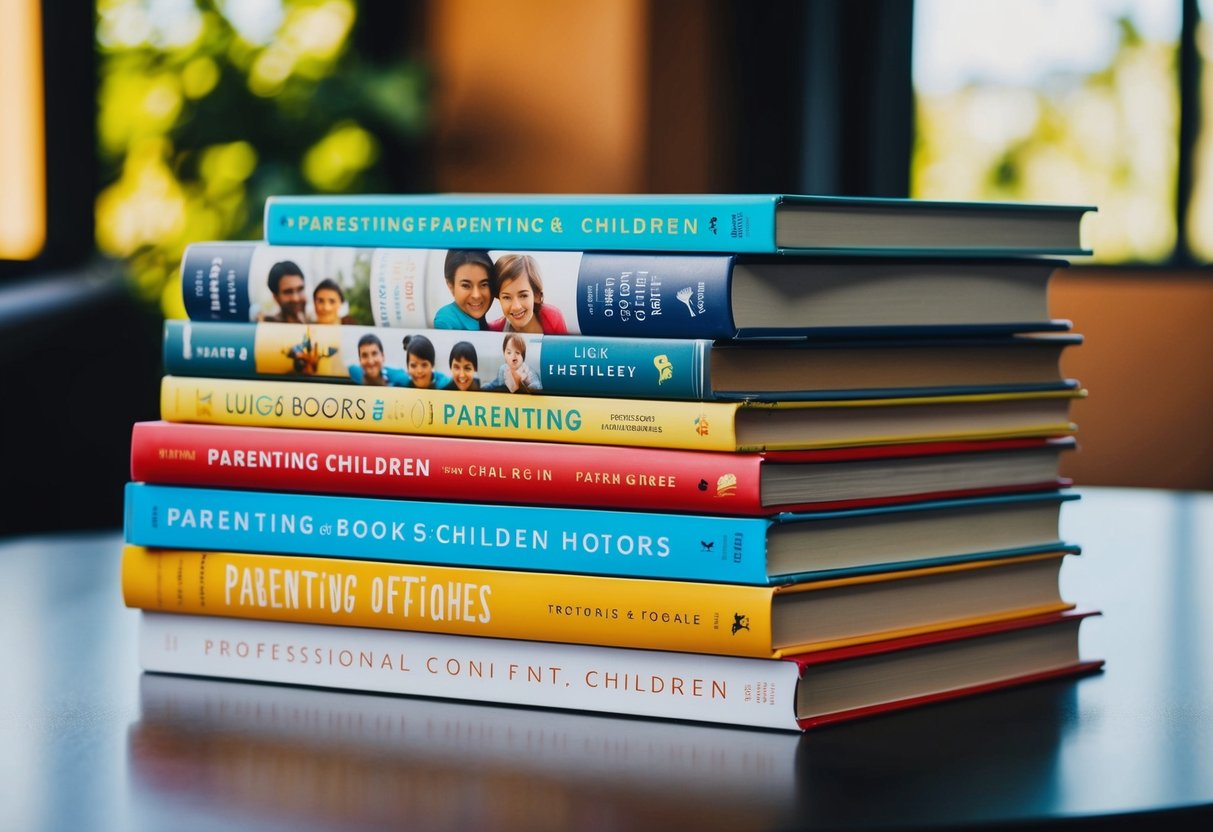 A stack of nine books on a table, each with a different cover featuring images of parenting, children, and confident expressions