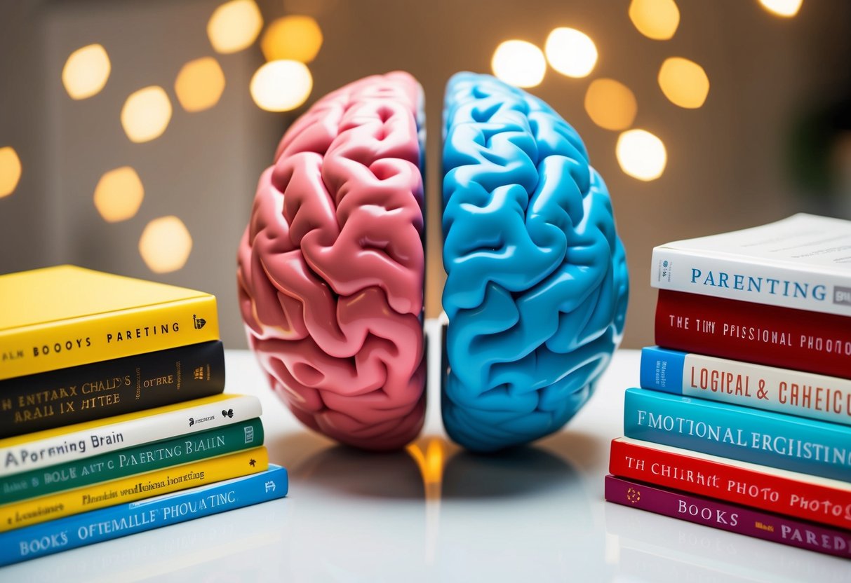 A child's brain split in half, one side logical and the other emotional, surrounded by 9 books on parenting