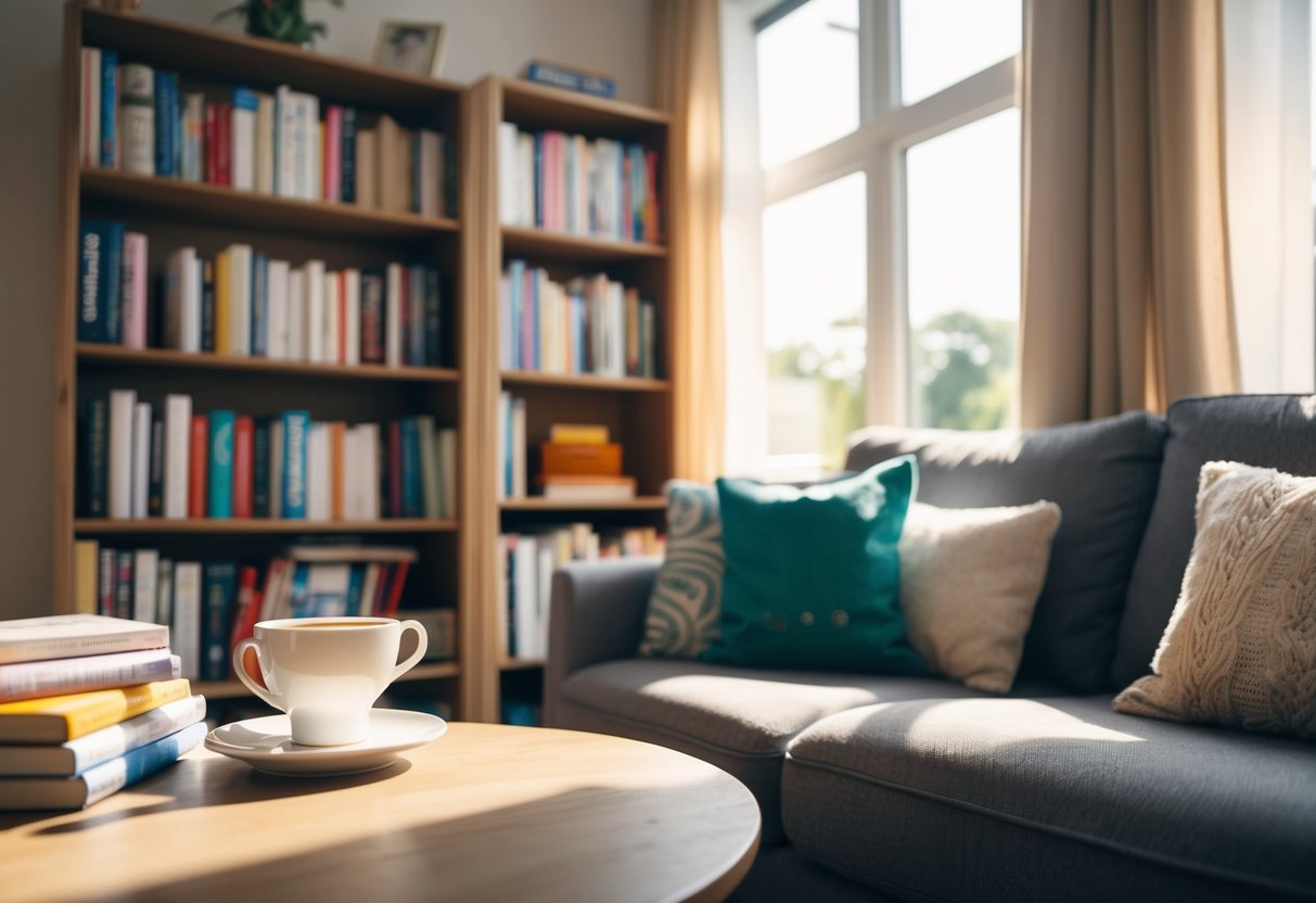 A cozy living room with a bookshelf filled with parenting books. A cup of tea sits on a side table as sunlight streams in through the window