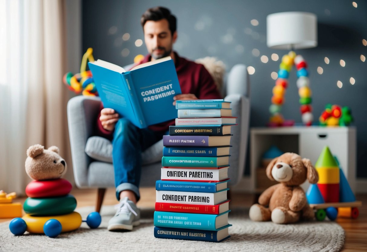 A parent reading a stack of books on confident parenting, surrounded by toys and a cozy chair