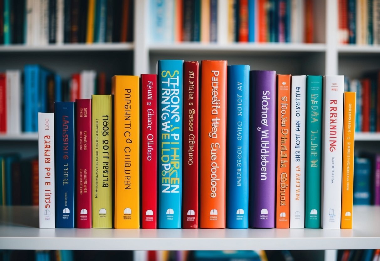 A colorful bookshelf with 10 books on parenting strong-willed children, each with a different cover design and title