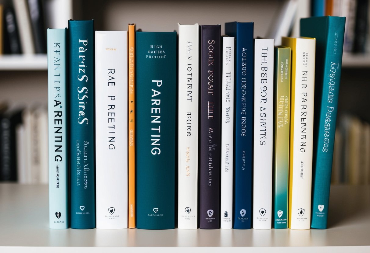 A bookshelf with eight parenting books displayed, each with a different cover design and title, arranged neatly with space between each book