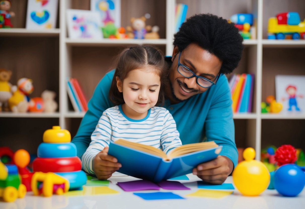 A parent reading a book surrounded by toys and children's drawings