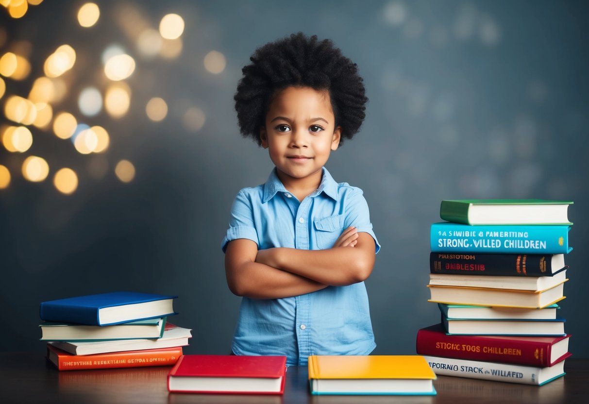 A child with a determined expression stands confidently with arms crossed, surrounded by a pile of books on parenting strong-willed children