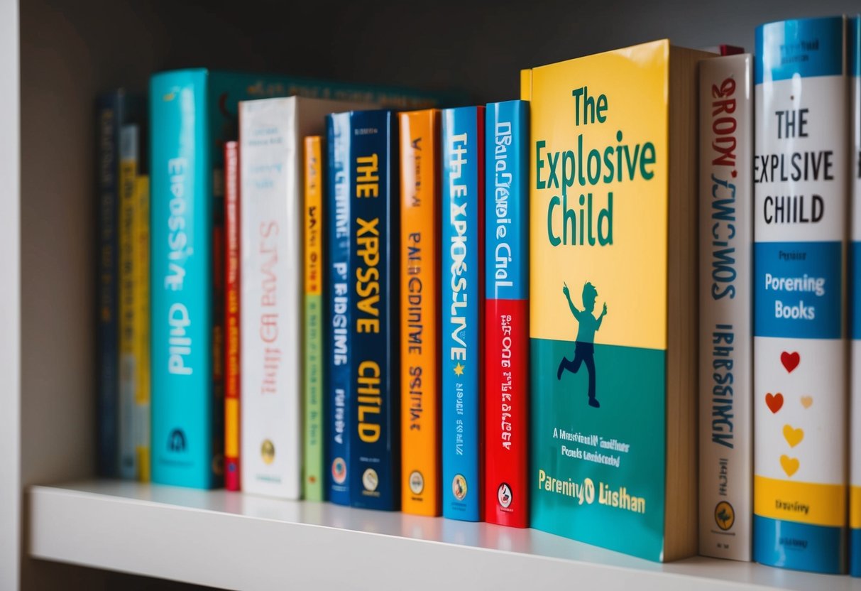 A child's bookshelf with "The Explosive Child" prominently displayed among other parenting books