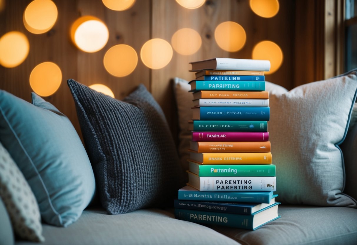 A cozy reading nook with a stack of 9 books on parenting, surrounded by soft pillows and warm lighting