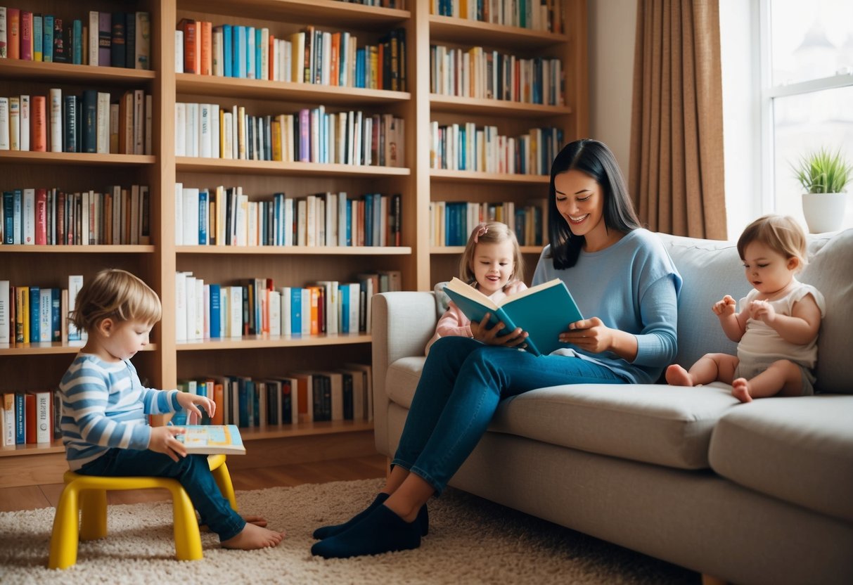 A cozy living room with a bookshelf filled with parenting books. A parent reads one book while their child plays nearby. The room is filled with warmth and comfort