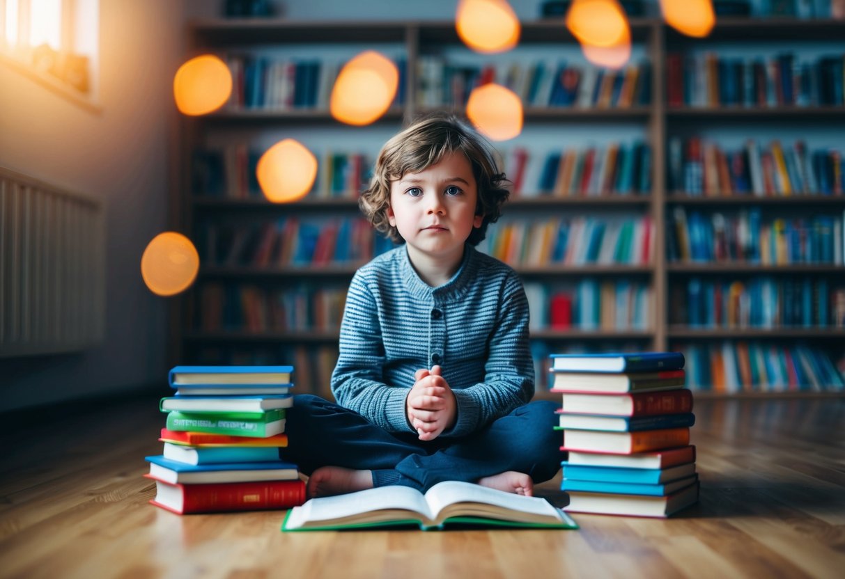 A child sitting cross-legged, surrounded by a stack of books, with a look of determination on their face