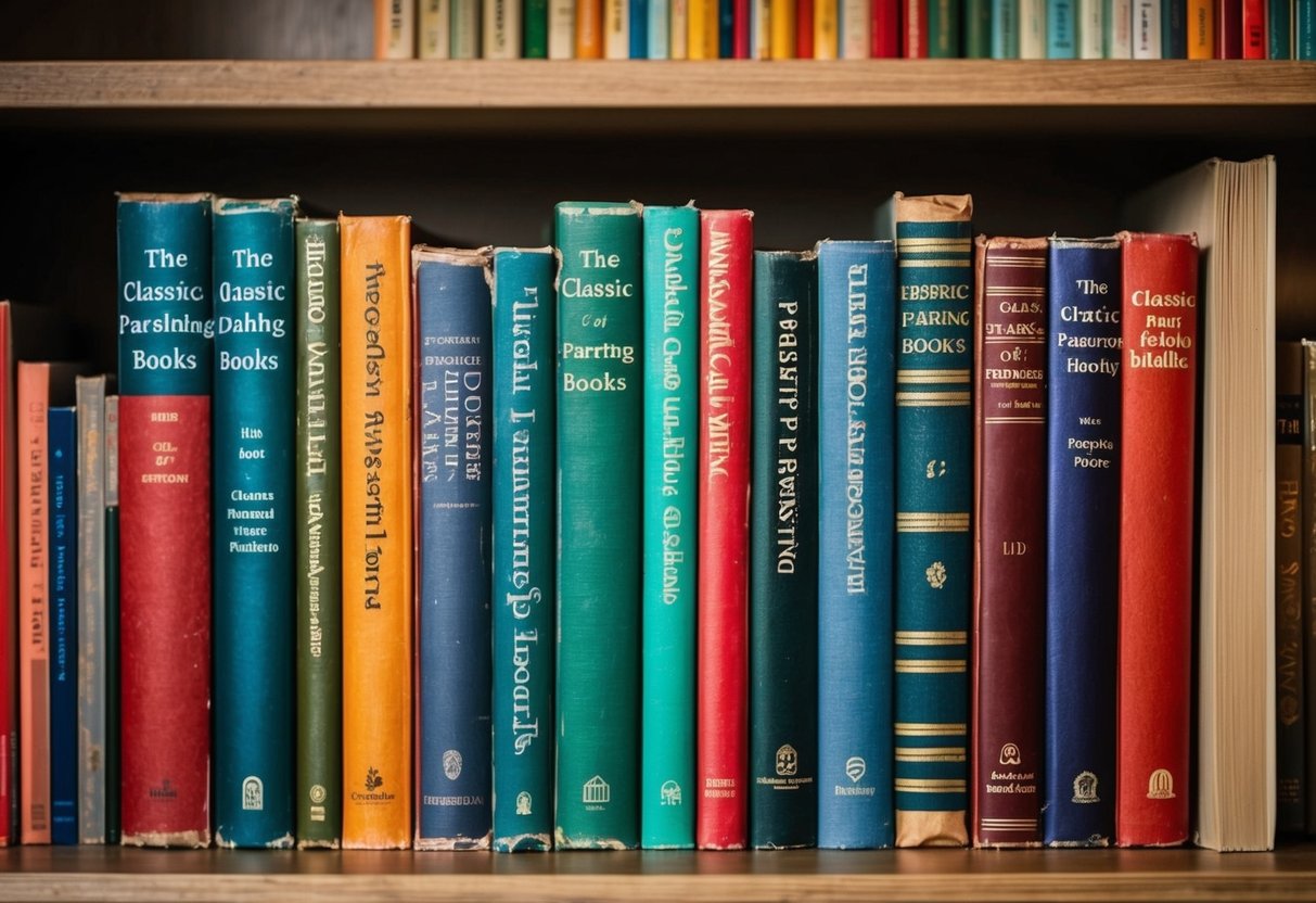 A cozy bookshelf filled with 9 classic parenting books, with colorful spines and well-worn pages, standing the test of time