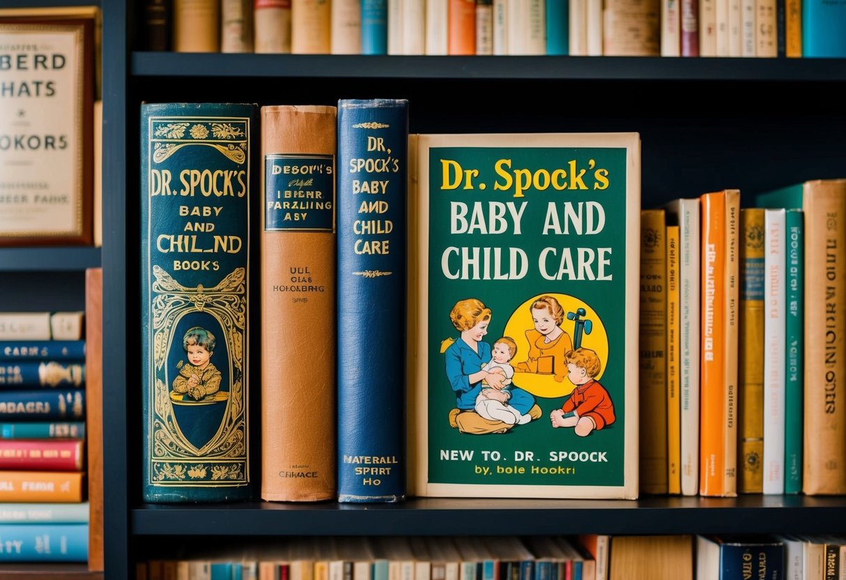 A shelf filled with vintage parenting books, including "Dr. Spock's Baby and Child Care," with other classic titles in the background