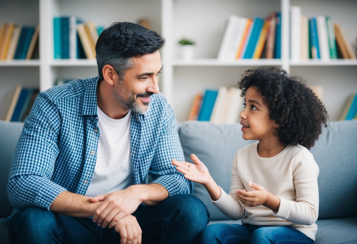 A parent and child sit together, engaged in conversation. The parent listens attentively as the child speaks, demonstrating active listening and empathy. A bookshelf in the background holds classic parenting books