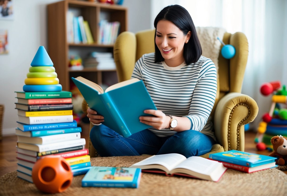 A parent reading a stack of classic parenting books, surrounded by toys and a cozy chair