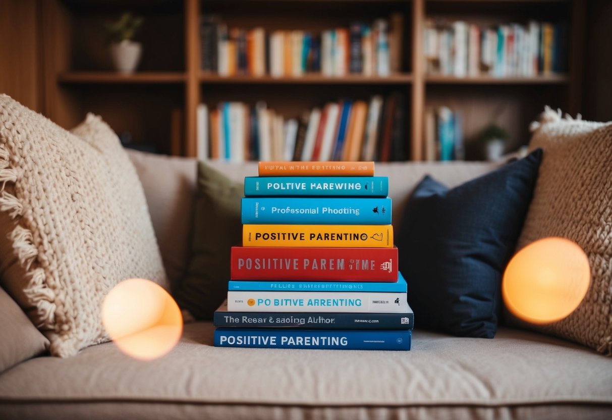 A cozy reading nook with a stack of books on positive parenting, surrounded by soft pillows and warm lighting