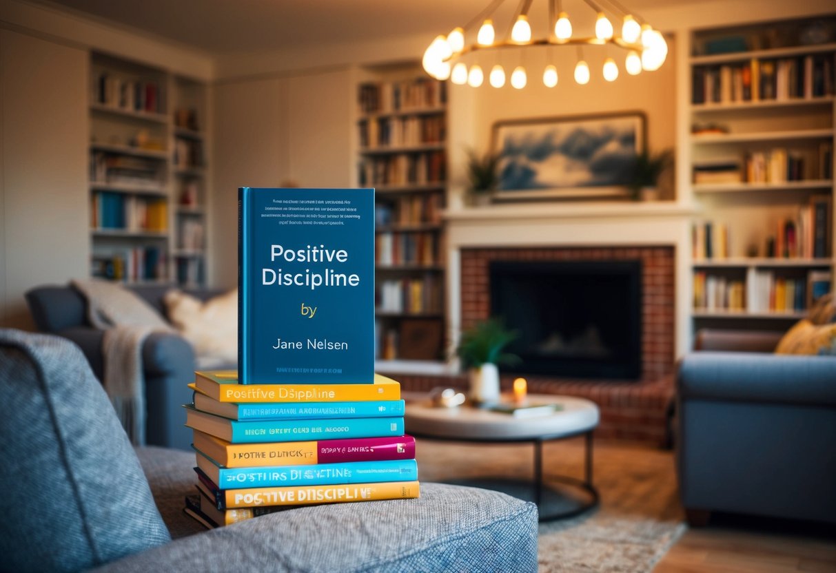 A cozy living room with a bookshelf filled with parenting books, including "Positive Discipline by Jane Nelsen," surrounded by comfortable seating and warm lighting