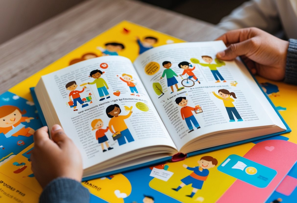 An open book surrounded by colorful illustrations of children and parents engaging in positive interactions and activities