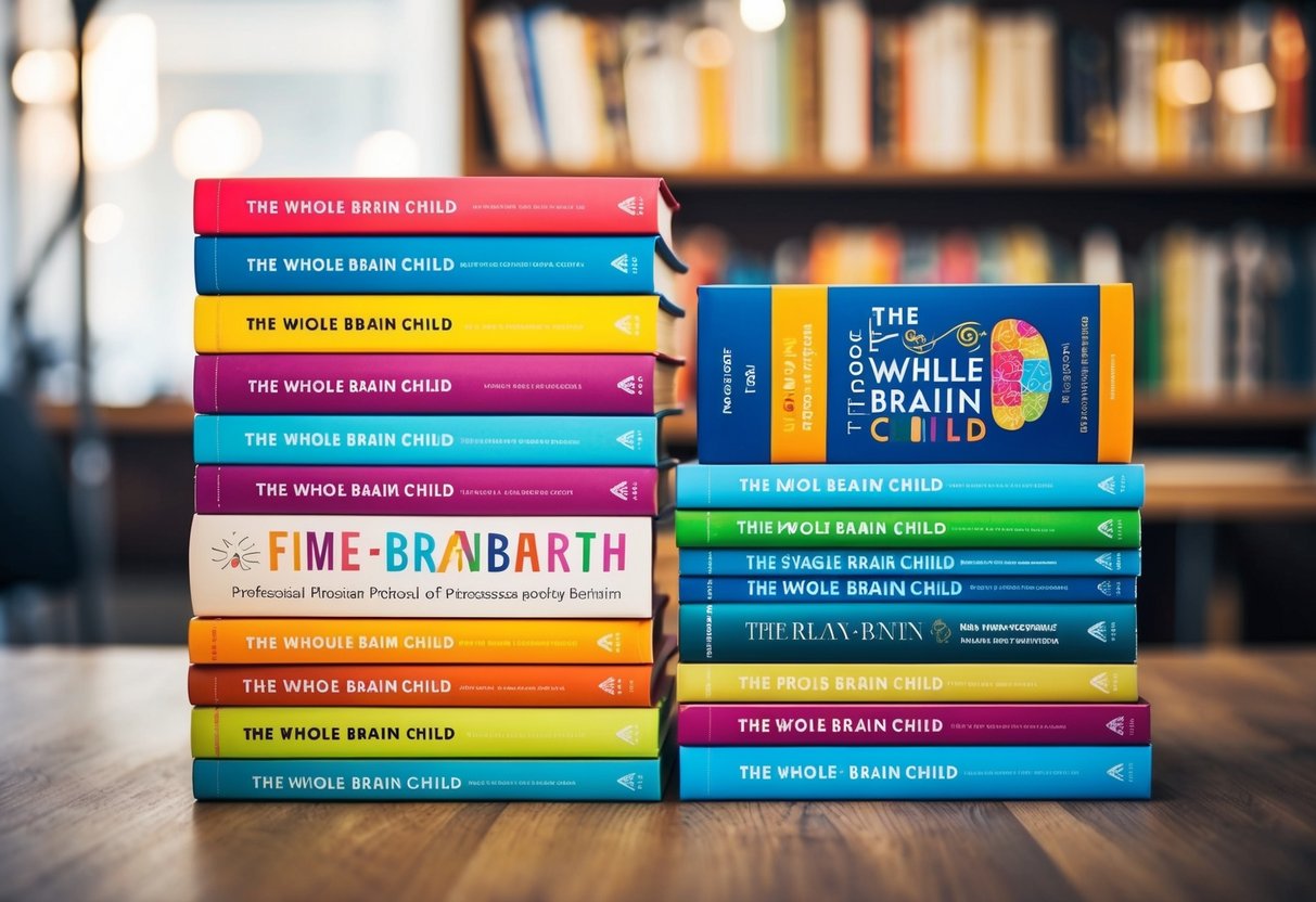 A stack of 8 colorful books arranged in a neat row, with "The Whole-Brain Child" title prominently displayed on one cover