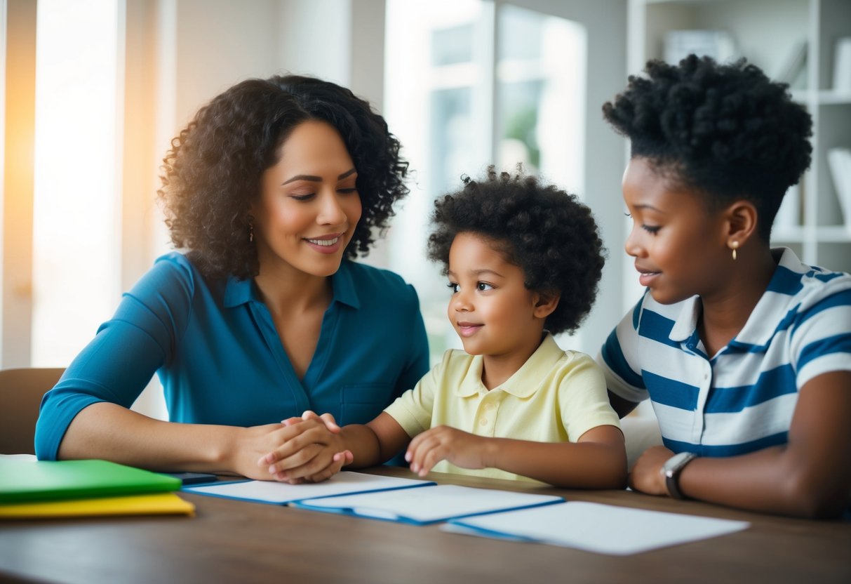 A parent calmly guiding a child through a decision-making process, offering choices and consequences in a nurturing and respectful manner