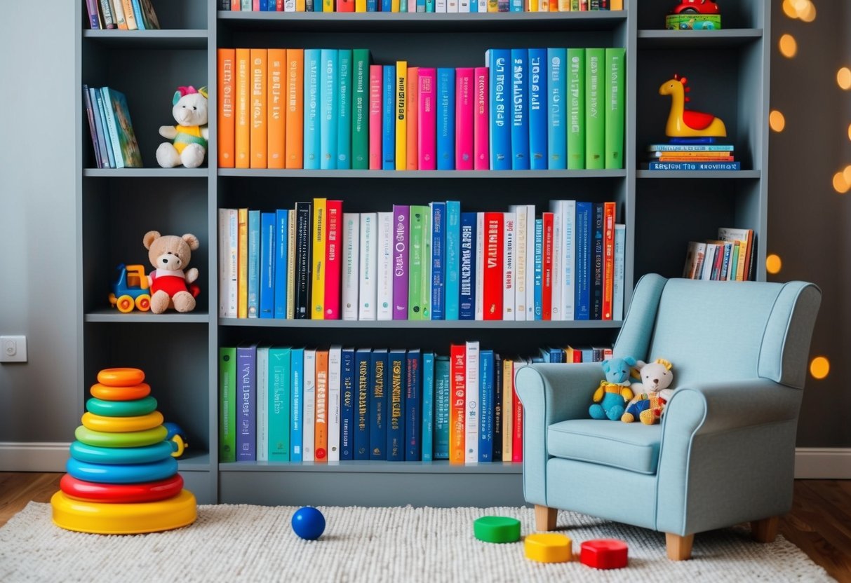 A cozy bookshelf filled with 8 essential parenting books, with colorful spines and titles displayed, surrounded by playful toys and a comfortable reading chair