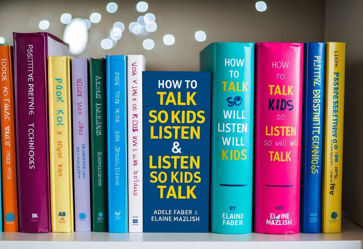 A colorful bookshelf with 7 books on positive parenting techniques, including "How to Talk So Kids Will Listen & Listen So Kids Will Talk" by Adele Faber and Elaine Mazlish