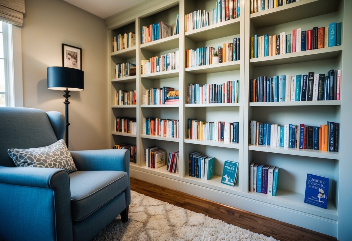 A cozy home library with 8 parenting books neatly arranged on a shelf. A comfortable armchair and a soft rug create a welcoming reading nook