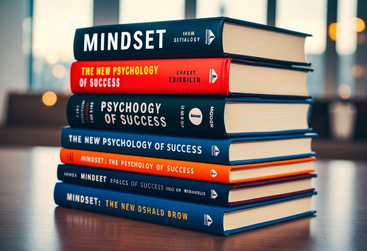 A stack of eight books arranged in a neat row, with "Mindset: The New Psychology of Success" prominently displayed on the top book cover