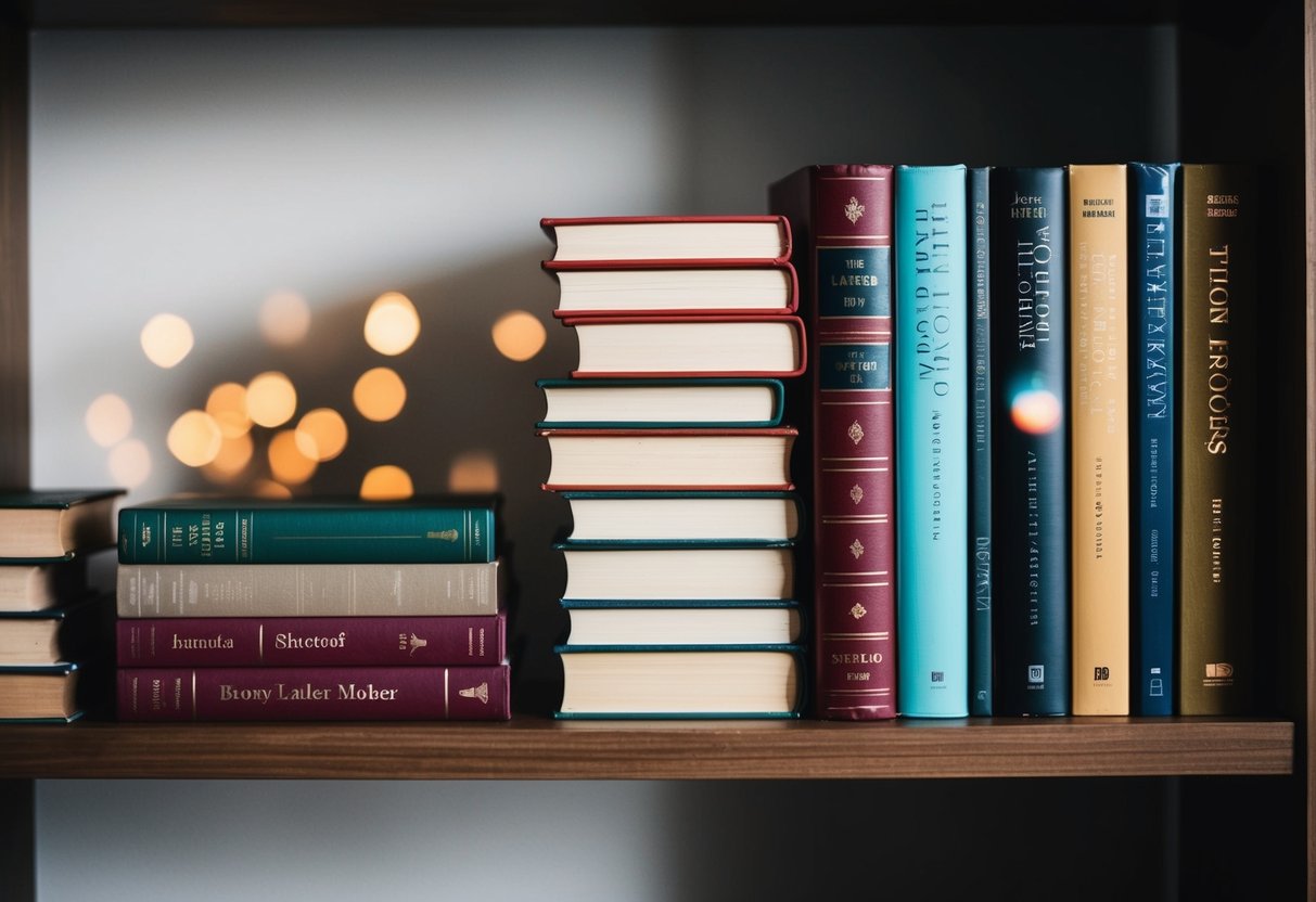 A stack of seven books arranged in a neat row, each with a different title on the spine, sitting on a wooden shelf