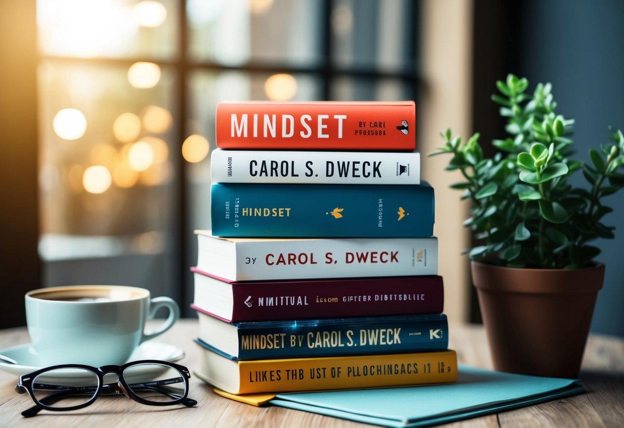 A stack of seven books with "Mindset by Carol S. Dweck" on top, surrounded by a pair of glasses, a cup of coffee, and a potted plant