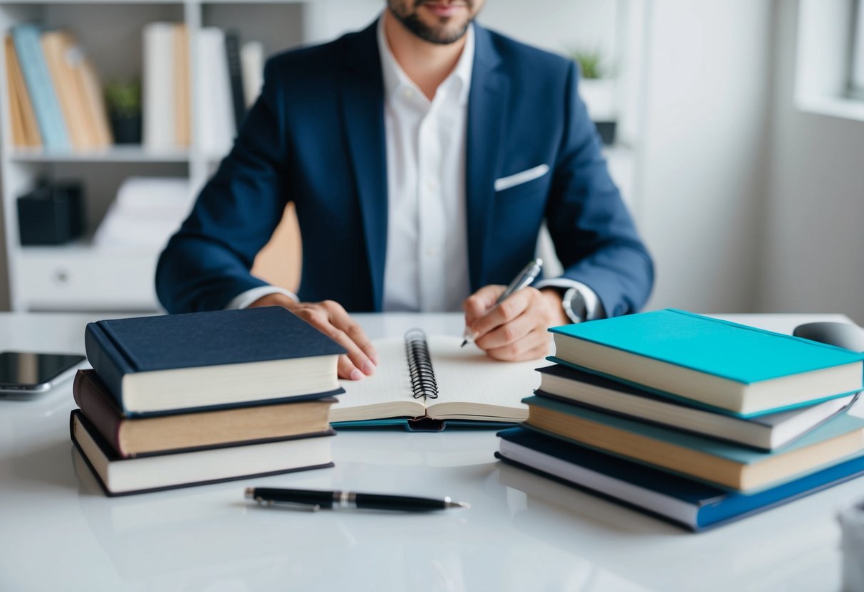 A person sitting at a desk with a pile of books, a notebook, and a pen, surrounded by a clean and organized workspace