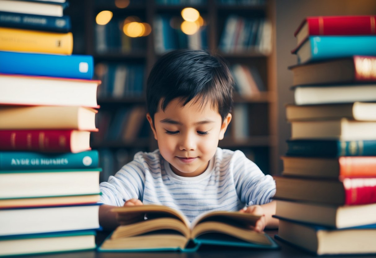 A child peacefully reading surrounded by stacks of books, with a calm and focused atmosphere