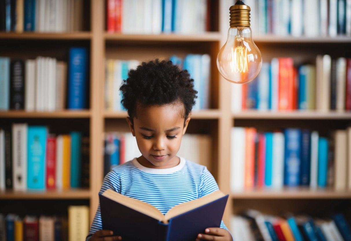 A child reading a book with a light bulb hovering above, surrounded by other books on a shelf