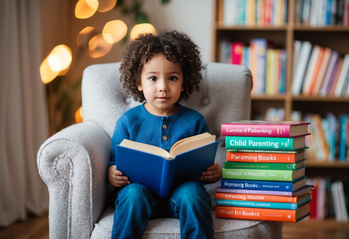 A child sitting on a cozy chair surrounded by a stack of colorful parenting books, with a thoughtful expression on their face