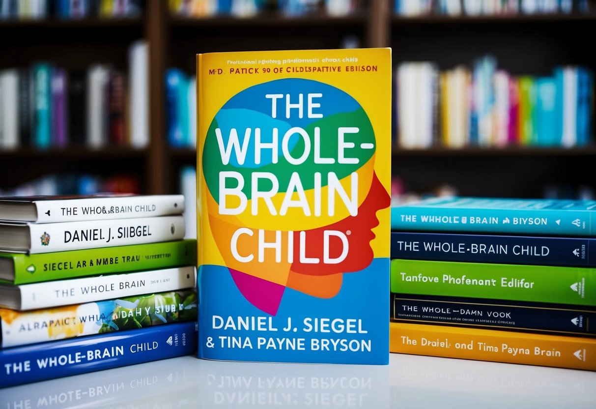 A colorful book cover featuring "The Whole-Brain Child" by Daniel J. Siegel and Tina Payne Bryson, surrounded by other parenting books