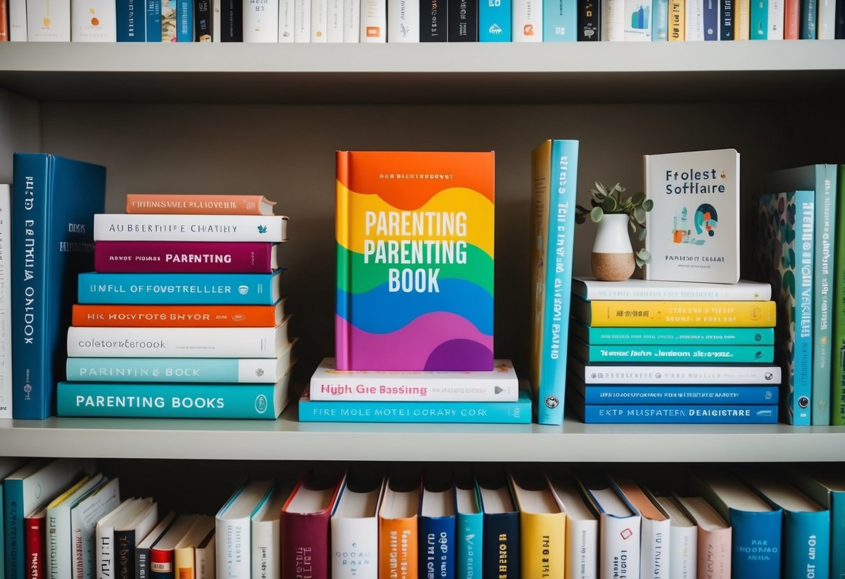 A colorful book cover surrounded by various other parenting books on a bookshelf