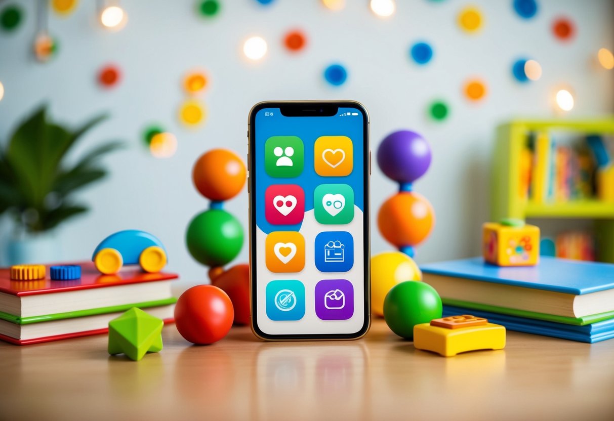 A smartphone with 10 colorful app icons related to parenting displayed on the screen, surrounded by playful child-related objects like toys and books