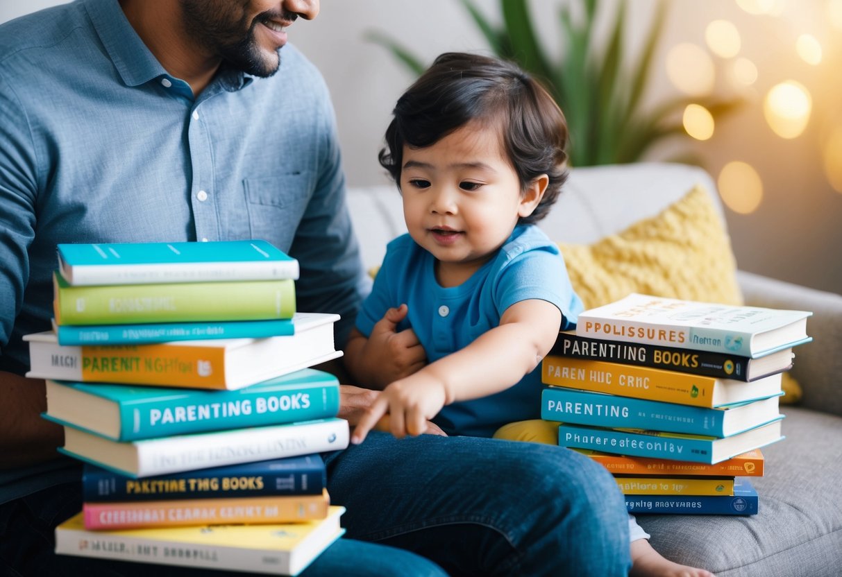 A child sitting on a parent's lap, surrounded by a stack of parenting books. The child looks engaged and curious, pointing to one of the books