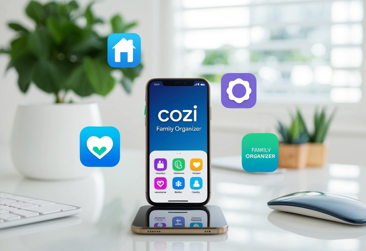 A smartphone displaying the Cozi Family Organizer app surrounded by icons of other parenting apps on a clean, organized desk