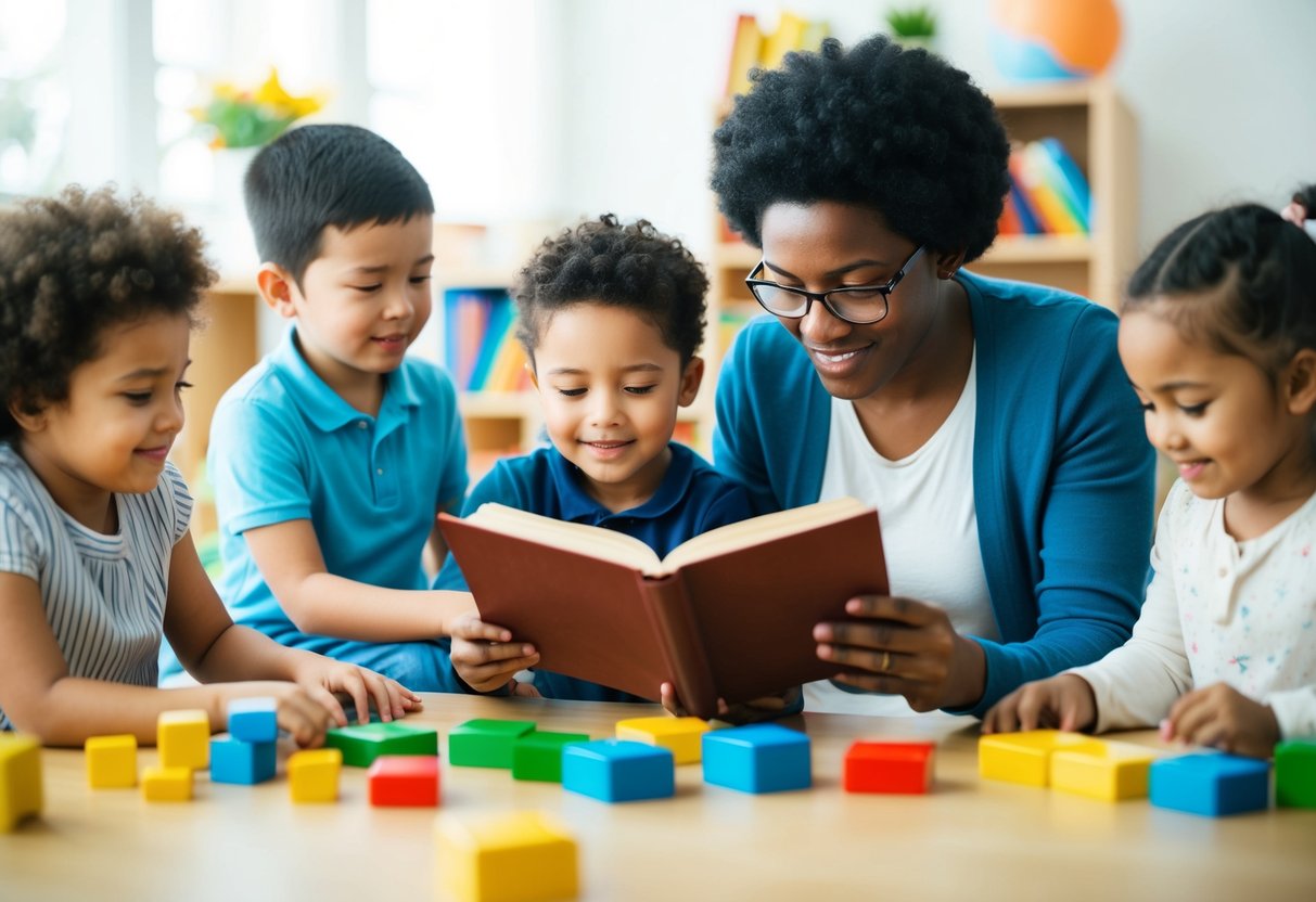 A parent reading a book surrounded by children playing and learning in a peaceful, nurturing environment