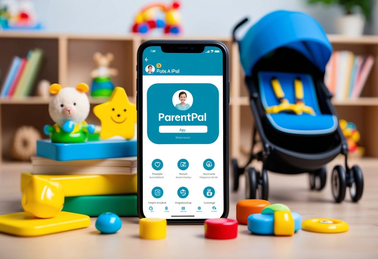 A smartphone displaying ParentPal app surrounded by playful child-related items like toys, books, and a stroller