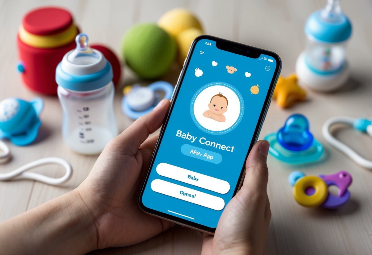 A smartphone with the Baby Connect app open, surrounded by baby items like a bottle, pacifier, and toys