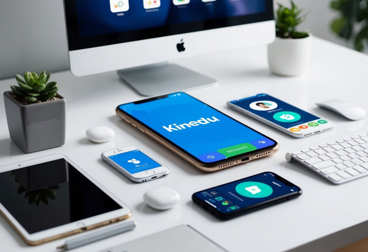 A smartphone with the Kinedu app open, surrounded by other parenting apps on a clean, organized desk