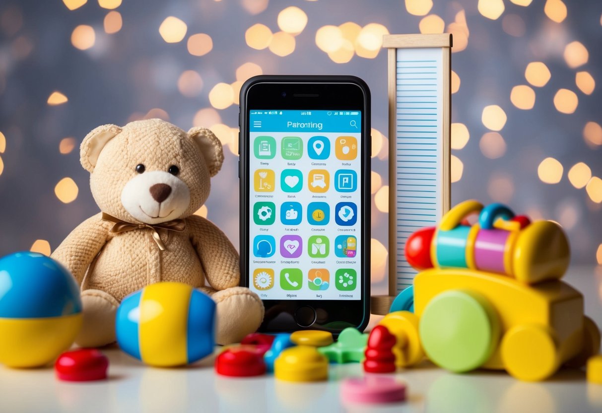 A smartphone surrounded by baby toys and a growth chart, with various parenting apps displayed on the screen