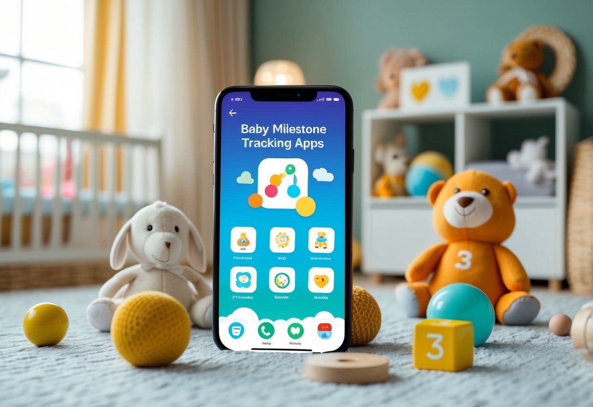 A smartphone displaying icons for baby milestone tracking apps surrounded by baby toys and a cozy nursery setting